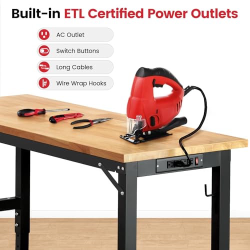 ENJOYWOOD Workbench for Garage Adjustable Height 60 x 22 Inch Work Table with Wheels Heavy Duty Rubberwood Tabletop Workbench with Pegboard, Power Outlets for Woodworking Shop, Home, Office ENJOYWOOD