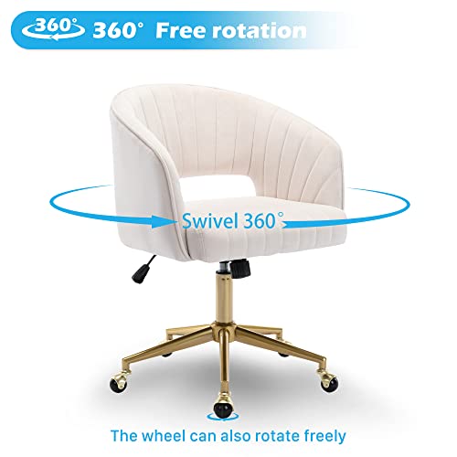 Home Office Chair Swivel Velvet Desk Chair Accent Armchair Upholstered Modern Tufted Chairs with Gold Base for Girls Women Ergonomic Study Seat Computer Task Stools for Living Room(Cream) KCC
