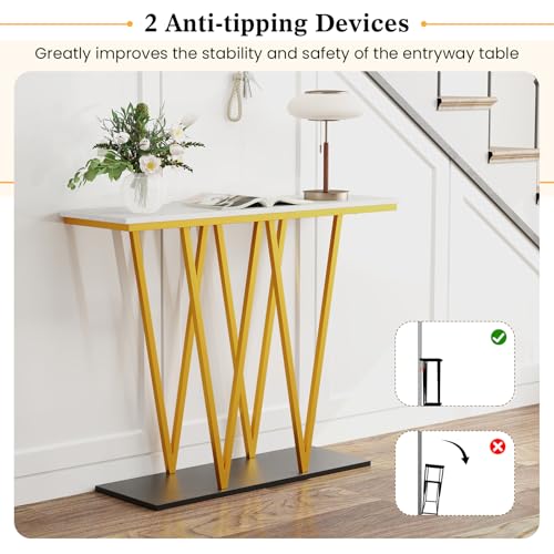 Giantex Gold Console Table, 40” Entryway Table with Faux Marble Top & Sturdy Metal Base, Modern Accent Sofa Table for Entrance, Living Room, Hallway, Foyer Decoration, White Giantex