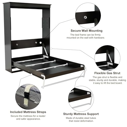 TrendTerrace Black Wood Full Size Murphy Bed: 61'' Space-Saving Wall Bed Cabinet Full for Multipurpose Area, Bedroom/Guest Room/Living Room, (Mattress Not Included) Wall Beds TrendTerrace