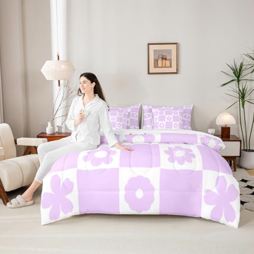 Feelyou Cute Flowers Checked Comforter Set Full 7 PCS Purple White Plaid Bedding Set for Kids Boys Girls Geometric Bed in a Bag with Comforter, Sheets, Pillowcases, Cushion Covers Bedroom Decor Feelyou