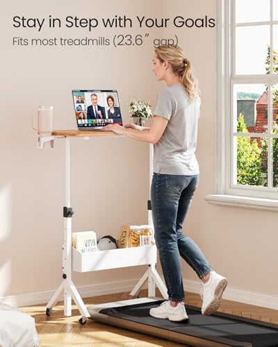 ErGear Mobile Standing Desk with Wheels, Adjustable Height 28.3″ to 46.3″, Rolling Laptop Cart with Cup Holder, Storage Basket, Computer & Pen Slot, Home Office Stand Up Desk, Light Vintage Brown ErGear