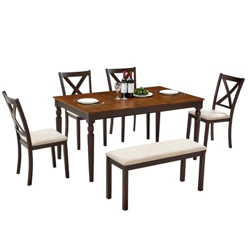 LUXOAK 6-Piece Solid Wood Dining Table Set, Upholstered Chair w/Bench Seat, Seating for 6, 60'' Farmhouse Wood Kitchen Chairs Set for Living Room, Dining Room, Brown & Black Finish LUXOAK