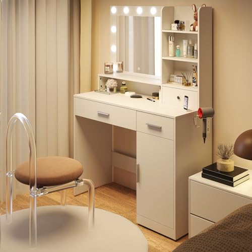 DUMOS Vanity Desk Makeup with Mirror LED Lights, White Table with Power Outlet 2 Drawer, 4 Storage Shelves Cabinet & 3 Lighting Mode Adjustable Brightness, Dressing Tables for Bedroom DUMOS
