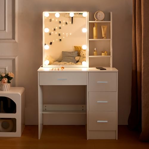 Teousev Vanity Desk with Lighting and Mirror,Small Vanity with 4 Drawers 6 Storage Shelves 3 Lighting Colors for Gilrs Vanity,White,31.5" L*14.2" W*51.2" H Teousev