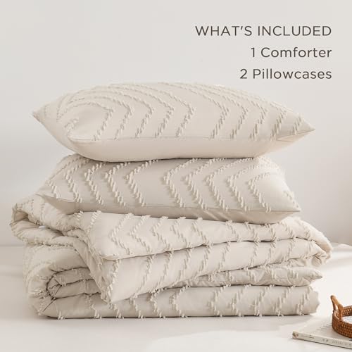 Andency Queen Comforter Set Beige, Comforters Queen Size Boho Cream Soft Warm Tufted Neutral Bedding Comforter Sets for Queen Bed, 3 Pieces Aesthetic Chevron Farmhouse Cute Bohemian Textured Bed Set Andency
