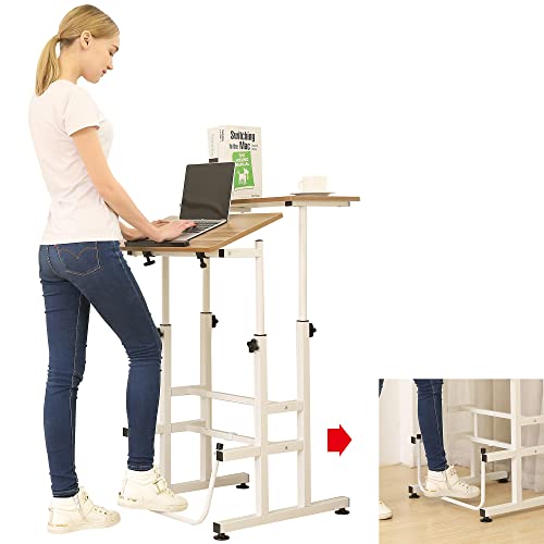 SDADI L101XWFDT Adjustable-Height Steel-Framed Mobile Standing Office Computer Desk with 2 Tiers and Lockable Caster Wheels, Dark Grain SDADI