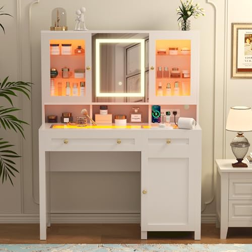 Semoic White Makeup Vanity Desk with LED Mirror and RGB Lights and Power Outlet, Morden Glass Top Vanity Table with Drawer & Storage Cabinet & Adjustable Shelves, Large Dressing Table for Bedroom Semoic