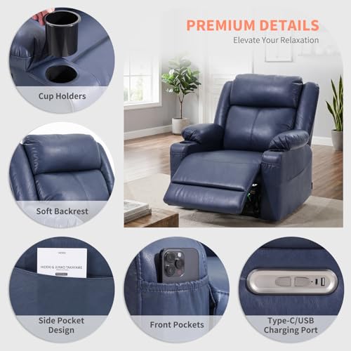 EONIX Wall Hugger Recliner for Small Space, Real Zero Clearance Power Recliner, Lazy Boy Recliner Chair with Cup Holders for RV, Living Room, Bedroom, SXXY011990, Navy Blue