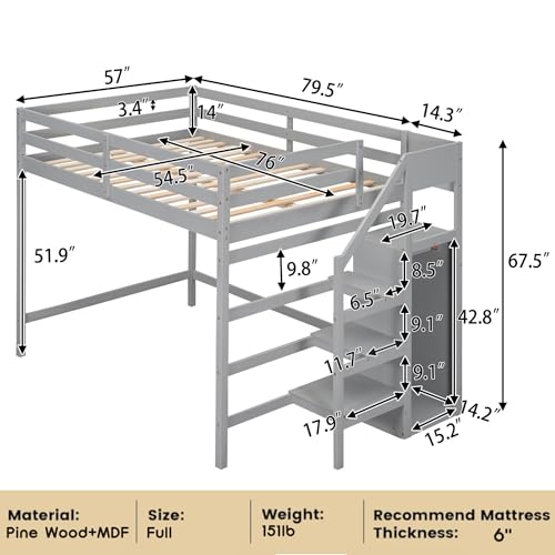 Full Size Loft Bed with Stairs and Built-in Storage Wardrobe, Wood Loft Bed Frame with Storage Shelves and Hanging Rod Gray Loft Beds for Kids Boys Girls Adults Teens Dorm Bedroom Bellemave
