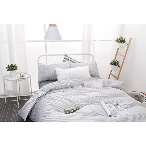 Wake In Cloud - Striped Cotton Duvet Cover Set, Ticking Stripe Pinstripe Farmhouse, 100% Cotton Bedding Set, 3 Pieces, Gray White, Full Size Wake In Cloud