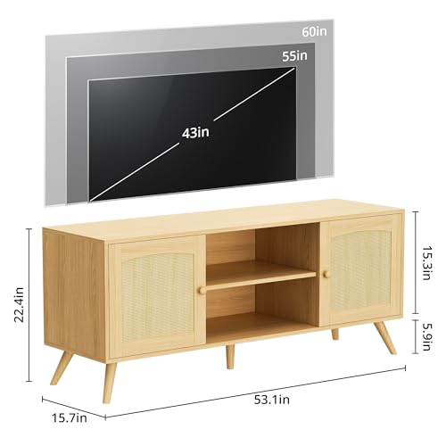 DIYART Oak TV Stand for 60 Inch TV, Wooden Mid Century Modern Entertainment Center with Natural Rattan Door, Boho Media TV Console for Living Room DIYART