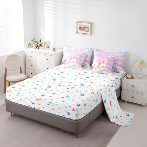Feelyou Unicorn Girls Bed in a Bag King Rainbow Kids Pink Unicorn Comforter Set with Sheets Kawaii Cute Stars 7 Piece Bedding Set Teens Children Adults Cartoon Unicorn Room Decor All Season Feelyou