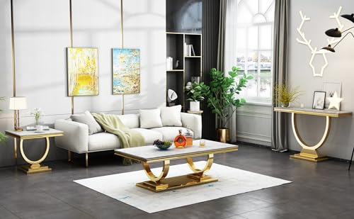 Goujxcy Coffee Tables Set of 4 for Living Room, Marble Console Table & Coffee Table and 2 End Tables Set, Faux Marble Top&Gold O-Shape Steel Base, 4 Pieces Living Room Table Sets for Apartment Office Goujxcy