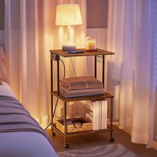 HOOBRO Printer Stand, Large Printer Table with Charging Station, Industrial Printer Storage Shelf with Wheels, 3-Tier Rolling Printer Cart for Home Office, Rustic Brown and Black BF48UPS01 HOOBRO