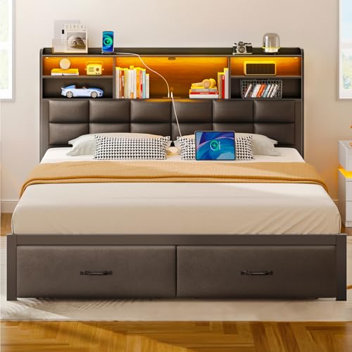 Rolanstar Bed Frame Full Size with Drawers and Charging Station, Upholstered Platform Bed with Storage Headboard and LED Light, Heavy Duty Metal Frame Support, No Box Spring Needed, Noise Free, Black Rolanstar