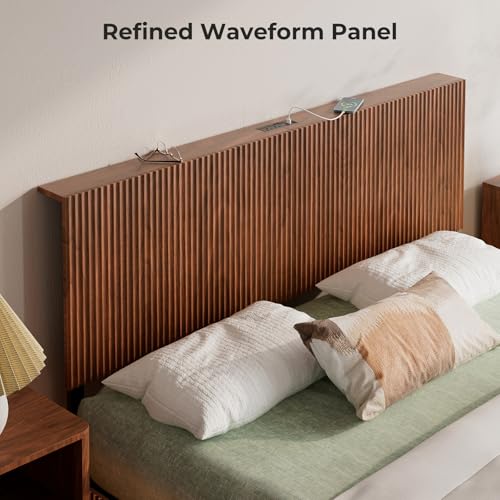Evermagin Walnut Queen Floating Bed Frame with Headboard, Mid Century Modern Fluted Platform Bed with LED Lights, Heavy Duty Floating Bedframe with Charging Station, No Box Spring Needed Evermagin