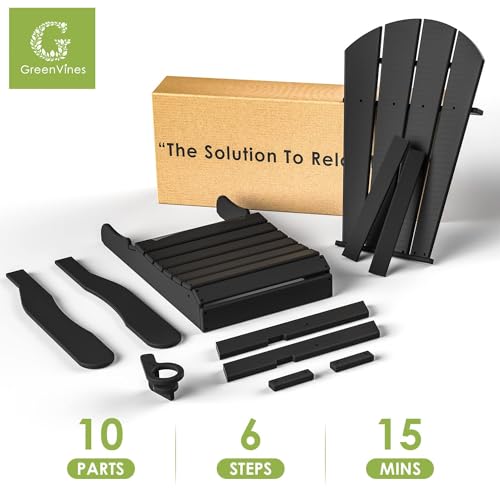 GREENVINES Folding-Adirondack-Chairs-Set-of-2 | HDPE Plastic | Fire Pit Chair | All Weather | Cup Holder | Black | for Deck Backyard Patio Outdoor Garden GREENVINES