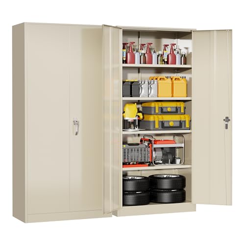 Superday Metal Storage Cabinet with Lock, 72" H Garage Storage Cabinet with Doors and 4 Adjustable Shelves,Putty Steel Locking Cabinets for Office, Home, Garage, Gym, School Superday