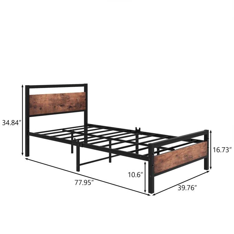 HOJINLINERO Metal Twin Size Bed Frame with Wood Headboard,Platform Bed Frame Twin,Bed Base Steel Slats,No Box Spring Needed,Black and Rustic Brown HOJINLINERO