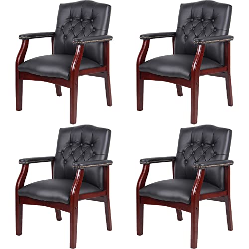 Black Leather Office Chairs Set of 4 -High Back Ergonomic Executive Guest Chairs for Reception, Multi-Scene Use (Waiting Room, Meeting, Conference, Lobby, Conference, Church) No Wheels with Arm Design SLEERWAY