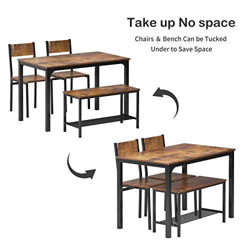 soges 4 Pieces Dining Table Set, 43.3 inch Kitchen Table Set for 4, Dining Set with 2 Chairs and Bench with Storage Rack, Nesting Furniture Set for Dining Room, Kitchen, Restaurant, Rustic Brown soges
