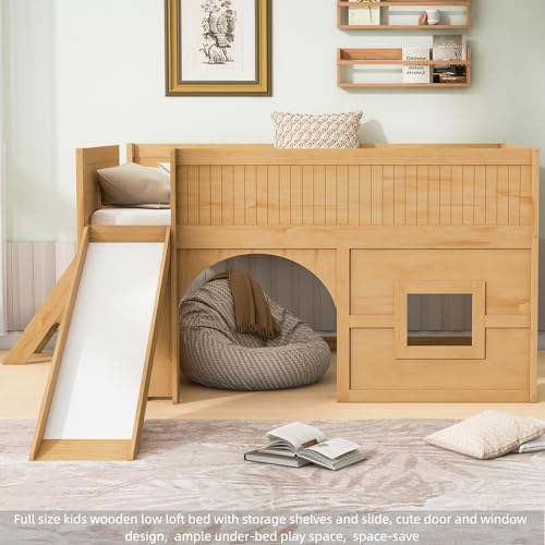 Merax Full Size Loft Bed with Slide & Stairs, Low Loft Bed for Kids, Solid Wood Bed Frame with Storage Shelve, Guard Rails, Slat Support & Under-Bed Play Space, No Box Spring Needed, Natural Merax