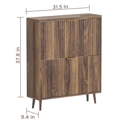QIVOMIX Shoe Cabinet Storage,Modern Freestanding Organizer with 2 Flip Drawers,Narrow Shoe Rack Cabinet for Entryway,Walnut QIVOMIX