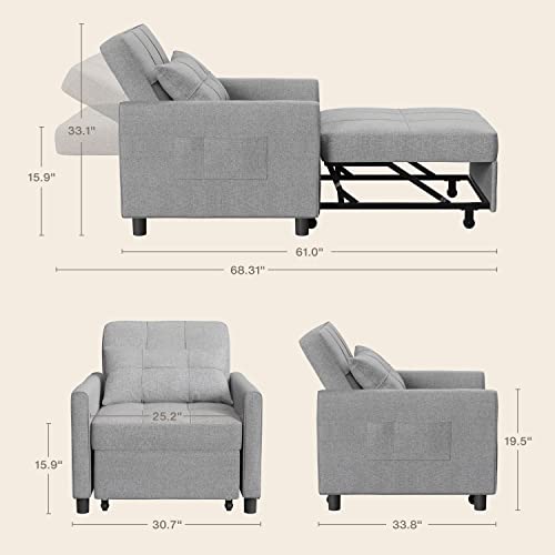Noelse Sleeper Sofa Chair Bed, Convertible Sofa Chair 3-in-1, Adjustable Sleeper Chair Pullout Sofa Bed with Modern Linen Fabric for Living Room Apartment Small Space, Grey Noelse