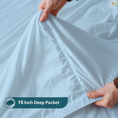 Shreem Linen Super Single Waterbed Sheets, 4-Piece 100% Egyptian Cotton Attached Sheet Set with 15" Deep Pocket, Soft & Breathable Bedsheets for Water Beds, Light Blue Solid Shreem Linen