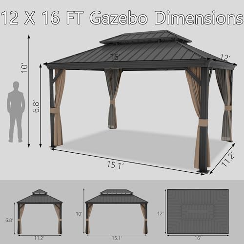 Yardsight 12' x 16' Hardtop Gazebo, Aluminum Frame Galvanized Steel Double Roof Pavilion Heavy Duty Permanent Gazebo with Mosquito Netting and Privacy Curtain for Patio, Garden, Lawn. Yardsight