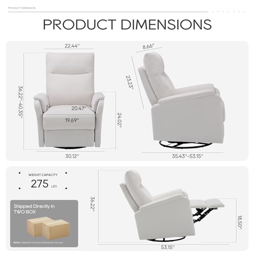 COLAMY Swivel Rocking Recliner Chair, Nursery Rocker Glider Recliner with Extra Large Footrest, Deep Seat, High Back, Upholstered Fabric Reclining Single Sofa for Living Room-White COLAMY