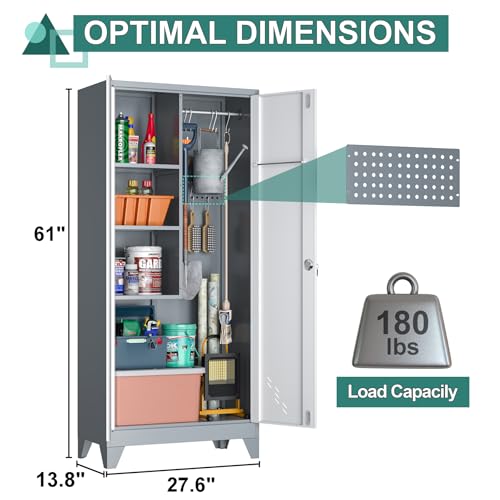 OSEILLC Metal Storage Cabinet with Locking Doors, 61" Tall Garage Cabinet with Hanging Rod, Broom Closet/Freestanding Bathroom Storage Cabinet, Cleaning Tool Storage OSEILLC