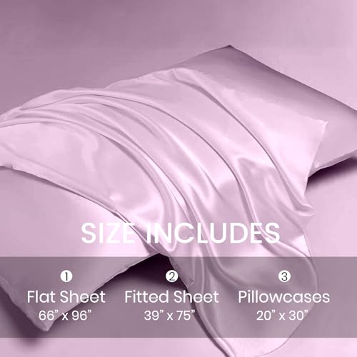Revdomfly 3 Pcs Twin Size Luxury Silky Soft Pink Satin Sheet Set,1 Premium Moisture Wicking Fitted Sheet Fits Up to 16 Inches Deep Pocket + 1 Flat Sheet + 1 Pillowcases(Pink, Twin) Revdomfly