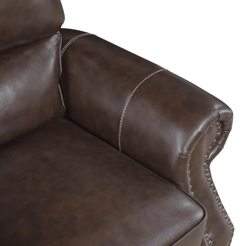 Lexicon Push Back Reclining Chair, Top Grain Leather Match Push Back Recliner Chair with Nailhead Trim, Rolled Arms, Solid Wood Legs, for Living Room/Apartment/Office, Easy Assembly, Brown