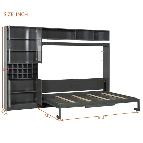 Polibi Queen Size Murphy Bed with Sofa Function - Space-Saving Wall Bed, Shelves USB and Light, for Small Apartments/Studios, Gray Polibi