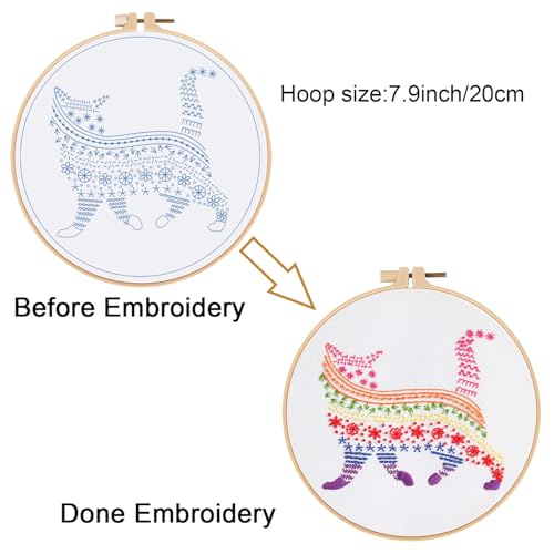 Louise Maelys Embroidery Kits for Beginners Adults,Cat Stamped Pattern Practice for Starters,Cross Stitch Kit Including Hoop,Cloth,Needles, Instruction and Threads