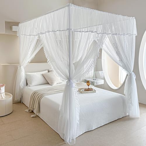AIKASY 4 Corners Post Ruffle Princess Bed Canopy Curtain - Double Layer Cozy Drape Netting with 4 Openings - Elegant Mosquito Net for Girls and Adults Bedroom Decoration (White, Queen)
