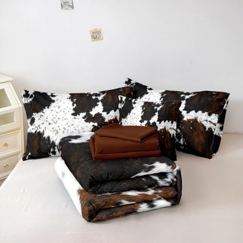 MUGINYU Brown Cowhide Comforter Set King, 8 Pieces Bed in a Bag Black White Cow Skin Print Western Farmhouse Animal Fur Bedding Set MUGINYU