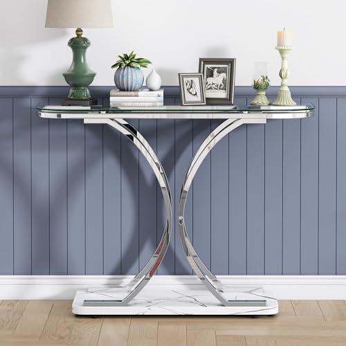 O&K FURNITURE Silver Glass Console Tables for Entryway,Glass Entryway Table with Curved Frames and Marble Base, Modern Entrance Table Sofa Table for Living Room,Hallway,Silver Glass&White Marble O&K FURNITURE