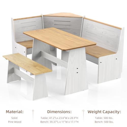 Gracava Breakfast Nook Table Set for Kitchen - White Bench Seating for Dining Room with Space Saving Solid Wood L Shaped Corner Dining Table Set Apartment for 4 to 6 People Gracava