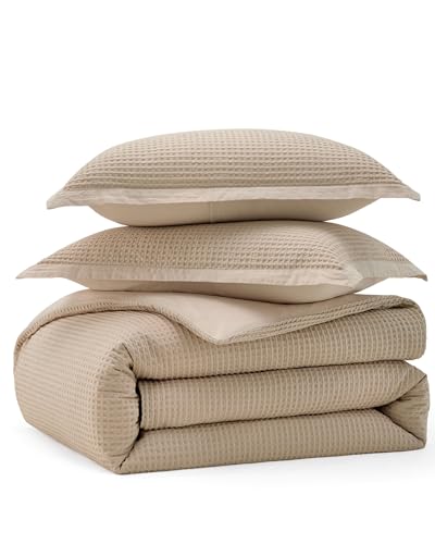 Bedsure Cotton Duvet Cover Queen - 100% Cotton Waffle Weave Khaki Duvet Cover Queen Size, GentleSoft™ and Breathable Tan Bedding Set for All Season, 3 Pieces, 90"x90" Bedsure