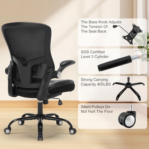 Ergonomic Office Chair, PU Leather Ergonomic Desk Chair with Mesh Back Adjustable Lumbar Support Home Gmaing Desk Chair with Wheels and Flip-Up Armrests, 360°Swivel, Tilt Lock and Wide Cushion-400LBS ZLHECTO