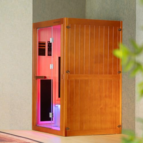 Woodbridge Infrared Home Sauna Room 2 Person Japanese Cedar Indoor Sauna with 7 Carbon Heaters, Red Light Therapy, Bluetooth Speaker, Intelligent Control Panel, Tempered Glass & Top Vent WOODBRIDGE