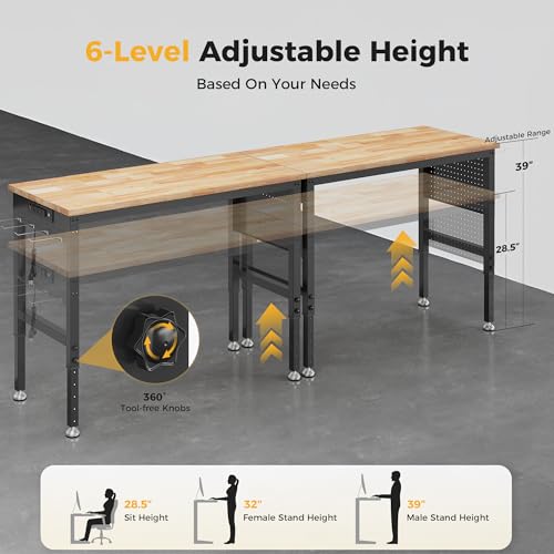 CAMMOO 96" Adjustable Heavy Duty Workbench, 2000 LBS Load Capacity Rubber Wood Work Table with Pegboard, Power Outlets, Work Bench for Garage, Workshop, Office, Home, Commercial, Ships in 2 Boxes CAMMOO