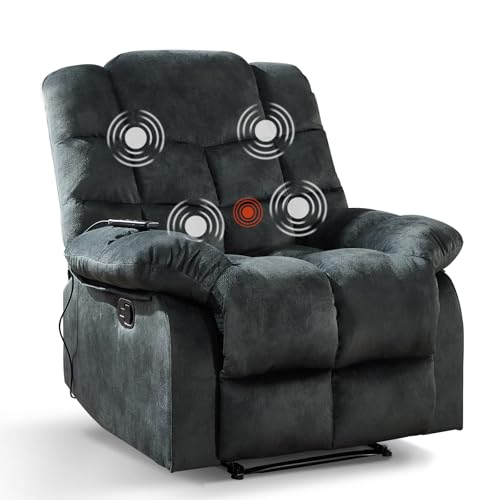 ANJ Massage Recliner Chair with Heat for Adults, Manual Recliners with Soft Fabric, Ergonomic Reclining Sofa with Overstuffed Armrests and Backrest, Single Recliner Chairs for Living Room, Dark Green
