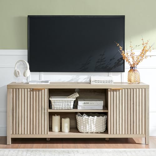 OAKHAM HOME Fluted TV Stands for Living Room, Heavy Duty Entertainment Center with Storage, Mid Century Modern Television Stands for 50/55/60/65 TV, Oxford Media TV Console (Sunwashed Ash Oak) OAKHAM HOME