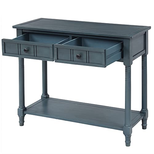 Merax Wood Sofa Table Console Table,Entryway Table Traditional Design with Two Drawers and Bottom Shelf for Living Room,Hallway,Dining Room,Navy Merax