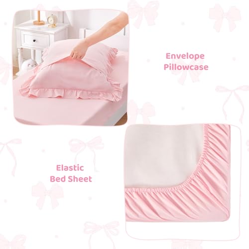 Wowelife Princess Toddler Bedding Set for Girls, Boho Toddler Bed Set, 4 Pieces Ruffles Jacquard Embroidery Toddler Comforter with Comforter, Fitted Sheet, Flat Sheet and Pillowcase, Pink Wowelife