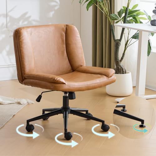 VINGLI Criss Cross Thick Padded Armless Comfy Desk Chair with Dual-Purpose Base,Adjustable Swivel Modern Vanity Chair,Rolling for Home Office, Computer,Task,Makeup,Waxed PU,Brown VINGLI